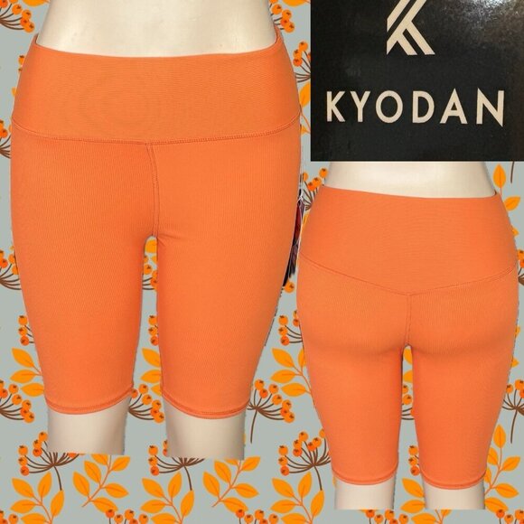 Kyodan L Orange Ribbed High Waisted 4 Way Stretch Moisture Wicking Bike Shorts - Picture 1 of 6
